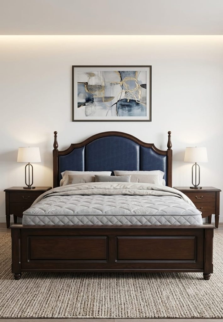 Crown Crest upholstered bed with matching side tables