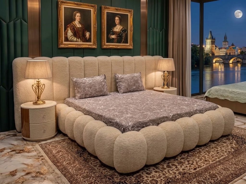 Upholstered bed with matching side tables